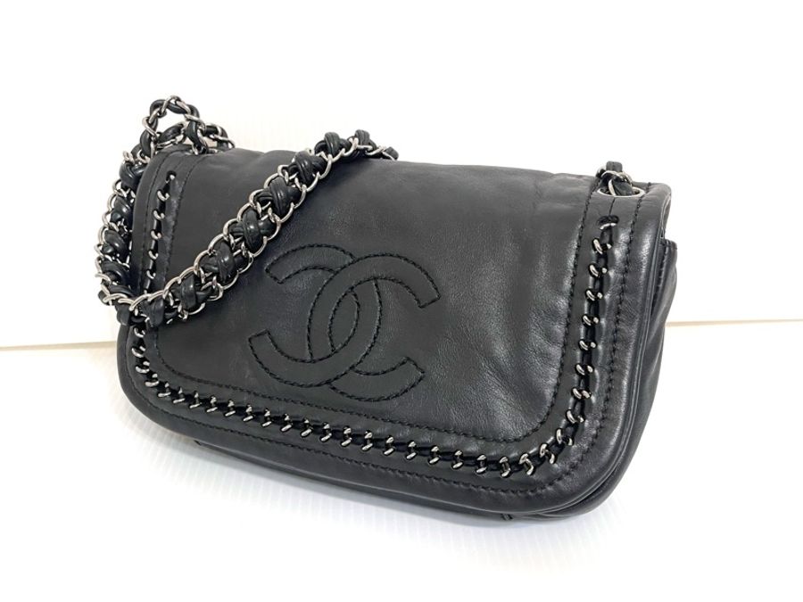 Chanel 二手真品 黑色 羊皮 銀鍊 皮穿鍊 翻蓋 肩背包-3