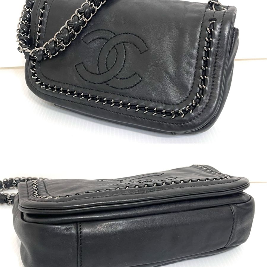 Chanel 二手真品 黑色 羊皮 銀鍊 皮穿鍊 翻蓋 肩背包-6