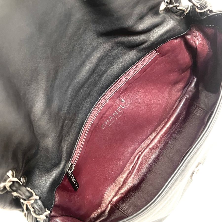 Chanel 二手真品 黑色 羊皮 銀鍊 皮穿鍊 翻蓋 肩背包-7