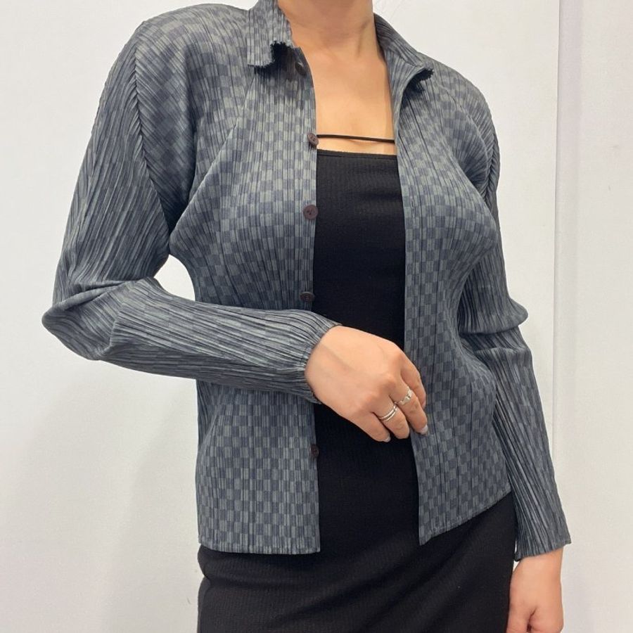 ISSEY MIYAKE 三宅一生 PP灰色格子長袖上衣/長袖/服飾 3號-5