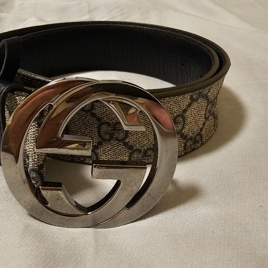 【GUCCI 古馳】經典雙G金屬銀釦防水帆布皮革腰帶/皮帶-1