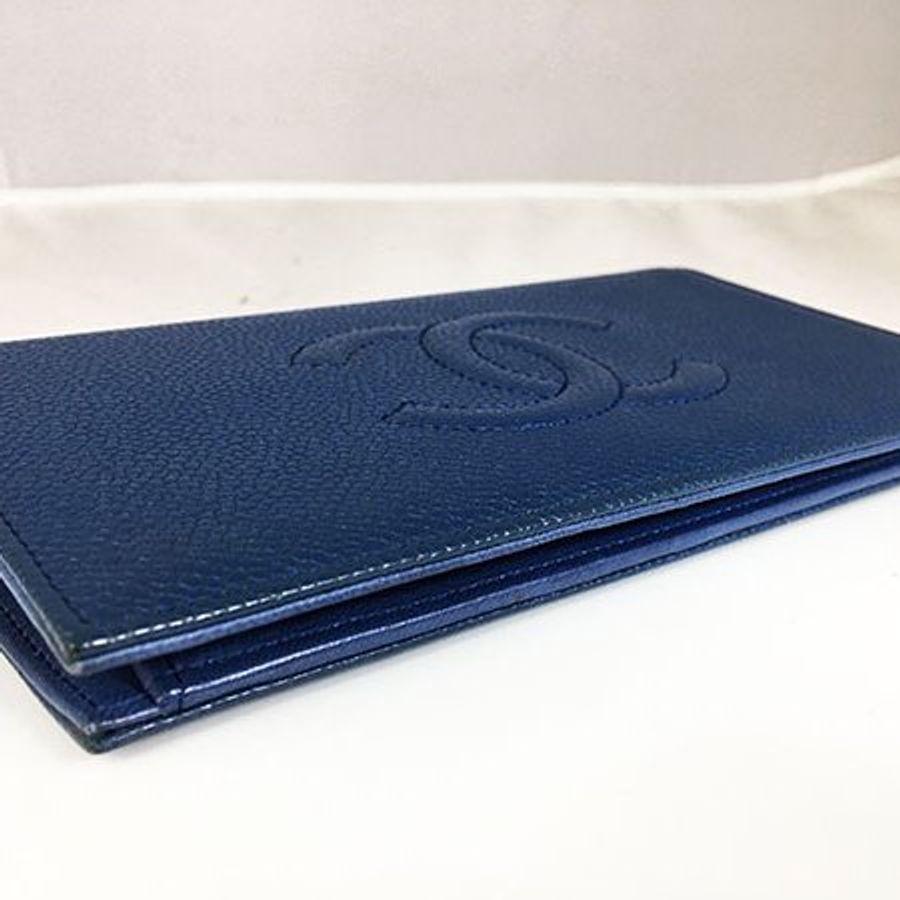 已售出* CHANEL 藍色荔枝牛皮LOGO對開長夾-3