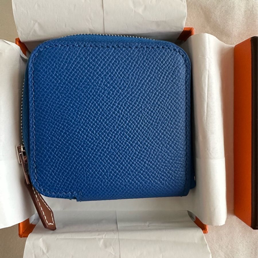 Hermes 台灣購證 全新絲巾零錢包 法國藍X餅乾色-3