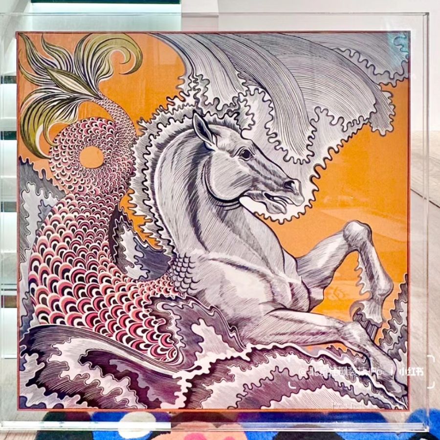 真的很美 裱框第一首選 現貨商品 全新商品 全配商品 台灣購證 Hermes 人魚馬雙面90*90絲巾-16