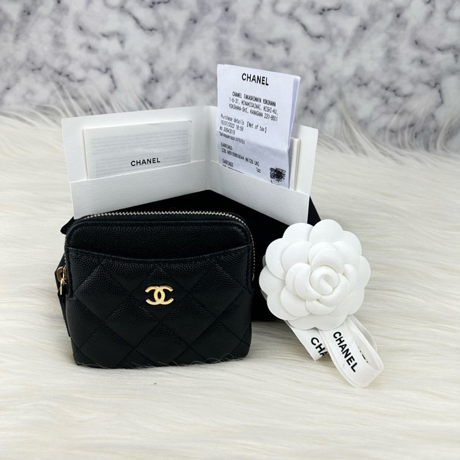 CHANEL 香奈兒 經典款 雙C 方形拉鍊卡片零錢包(黑色 x 荔枝紋牛皮 x 金釦)-0