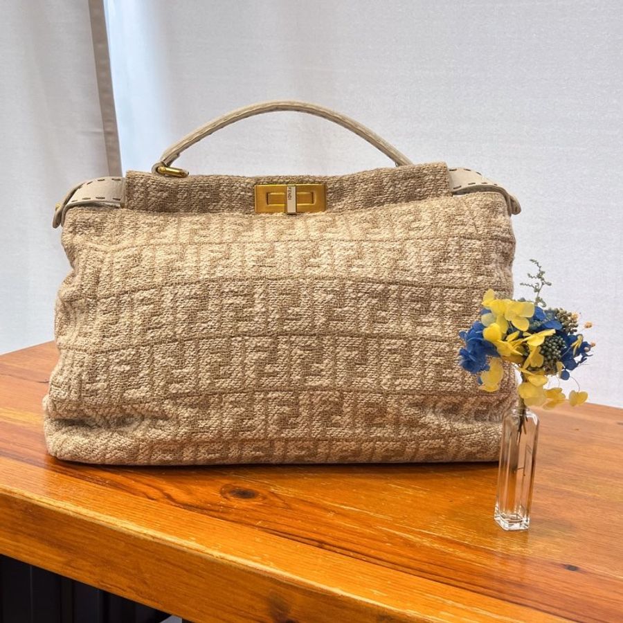 FENDI 米白色拼白皮革 PEEKABOO 麻布手工系列 兩用包/手提包/斜背包-0