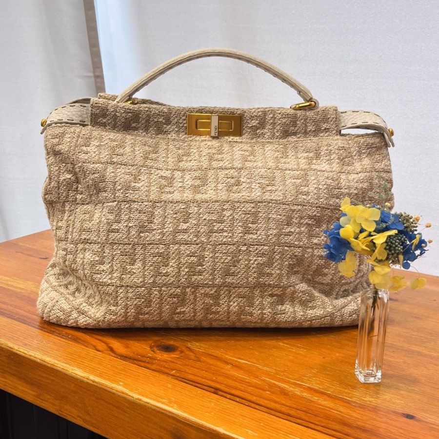 FENDI 米白色拼白皮革 PEEKABOO 麻布手工系列 兩用包/手提包/斜背包-1
