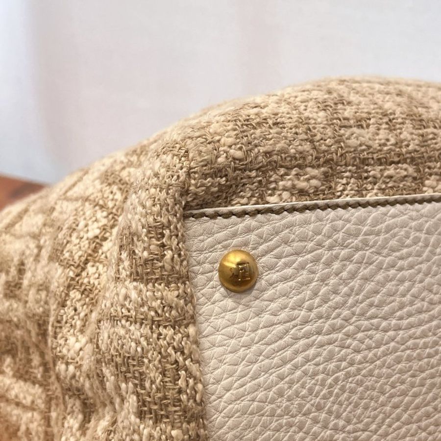 FENDI 米白色拼白皮革 PEEKABOO 麻布手工系列 兩用包/手提包/斜背包-2