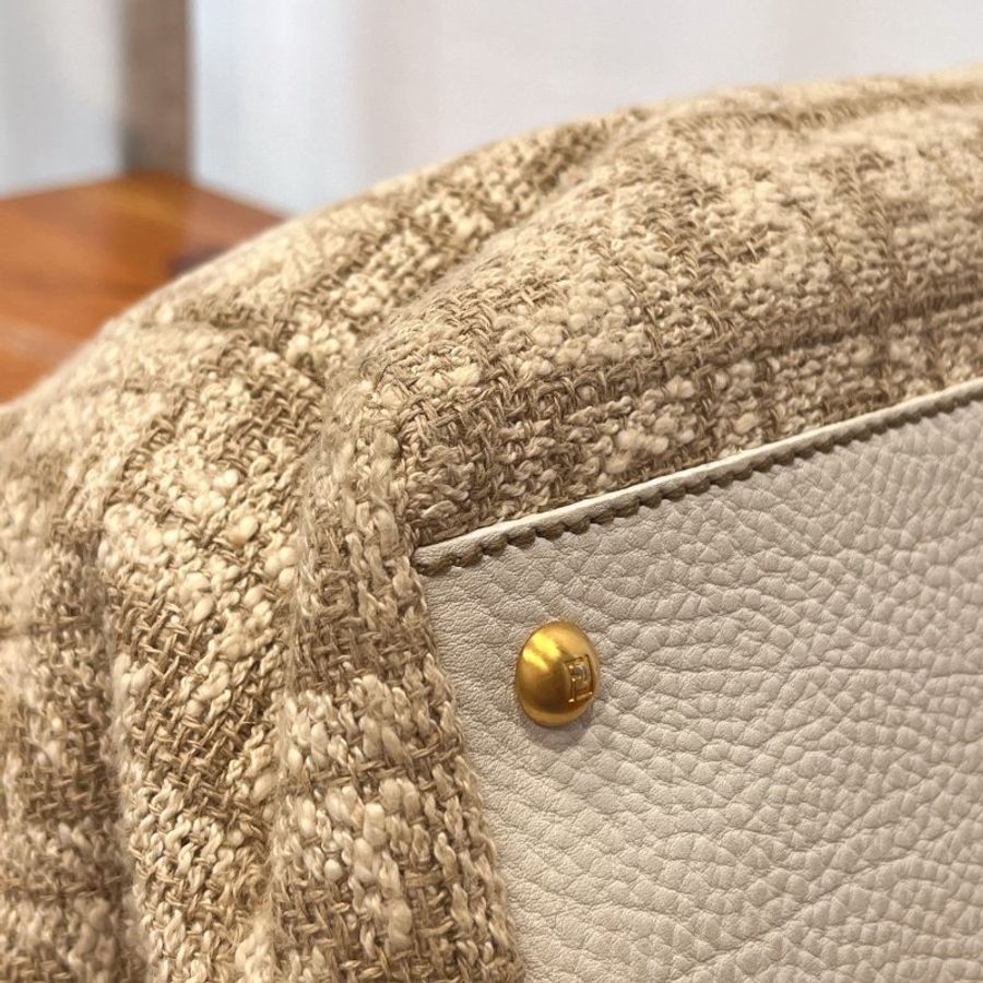 FENDI 米白色拼白皮革 PEEKABOO 麻布手工系列 兩用包/手提包/斜背包-4
