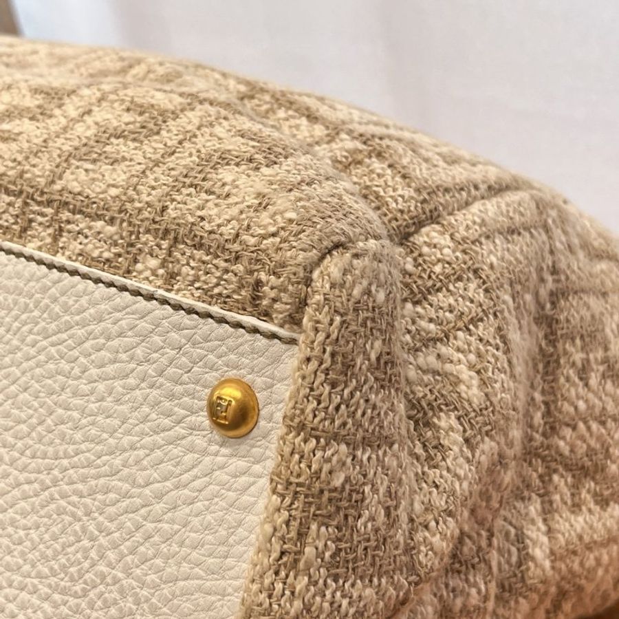 FENDI 米白色拼白皮革 PEEKABOO 麻布手工系列 兩用包/手提包/斜背包-5
