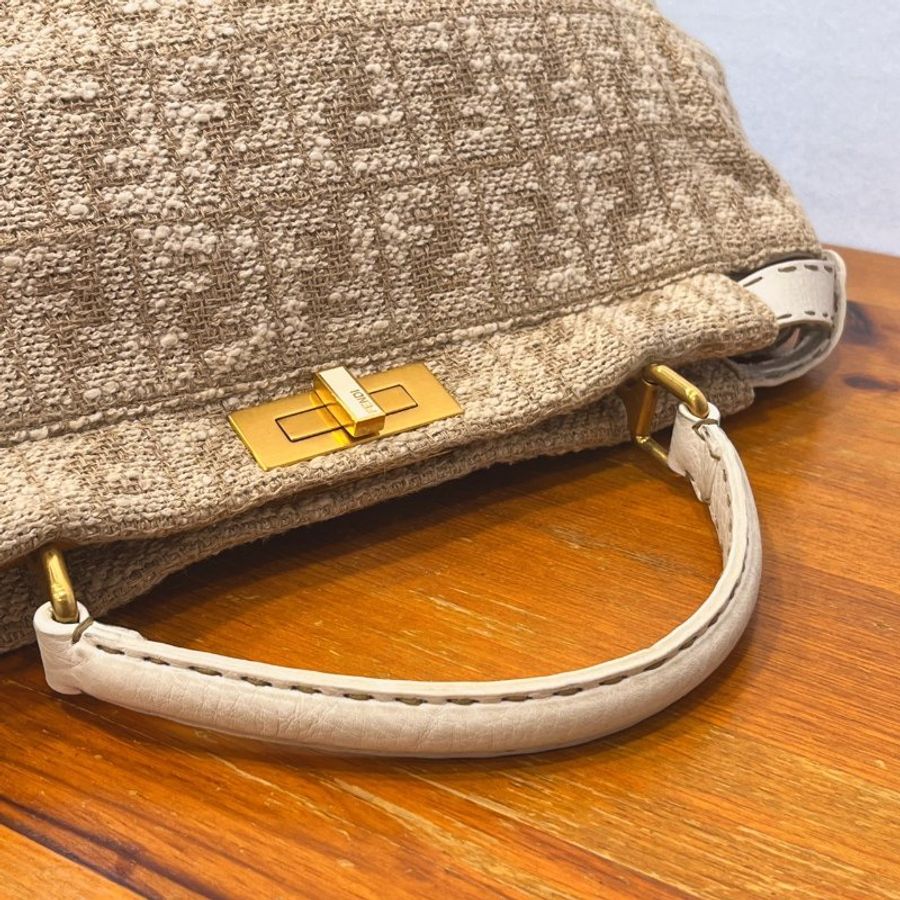 FENDI 米白色拼白皮革 PEEKABOO 麻布手工系列 兩用包/手提包/斜背包-7