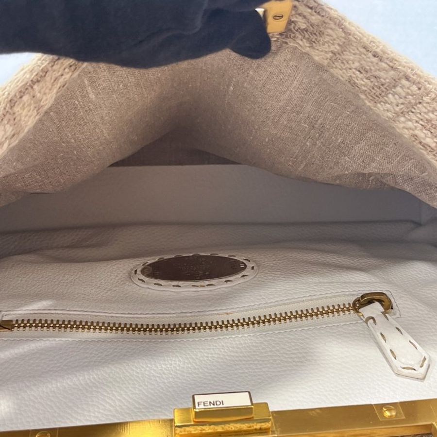 FENDI 米白色拼白皮革 PEEKABOO 麻布手工系列 兩用包/手提包/斜背包-10