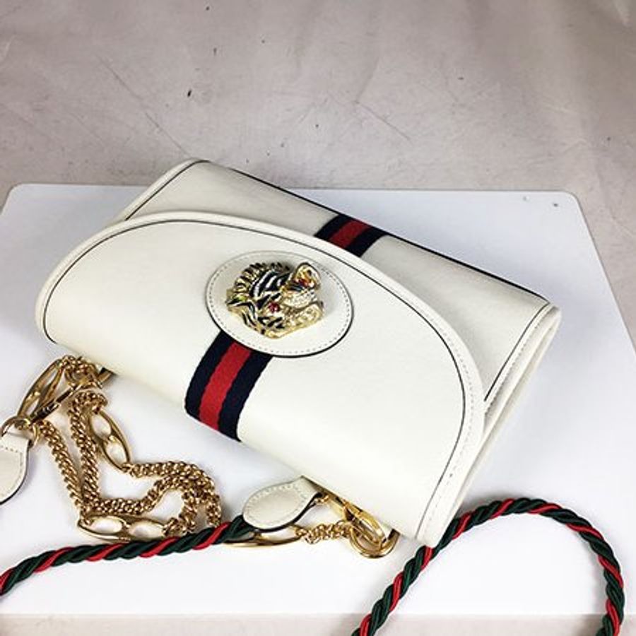 已售出*GUCCI白色全皮Rajah系列藍紅藍虎頭金錬二用包 570145-3