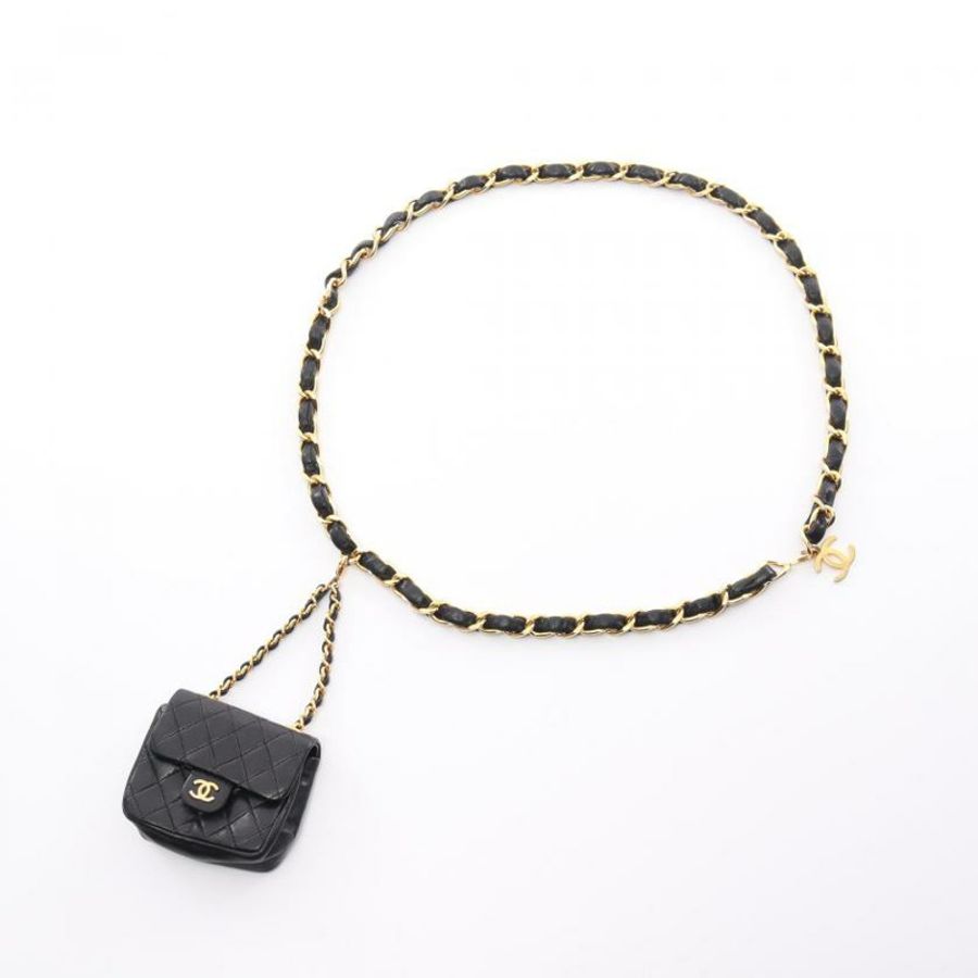 【日本直送】 中古CHANEL[BC]Mini mini matelasse 小物袋 小羊皮 黑色 黃金五金 チェーンベルト付き-0