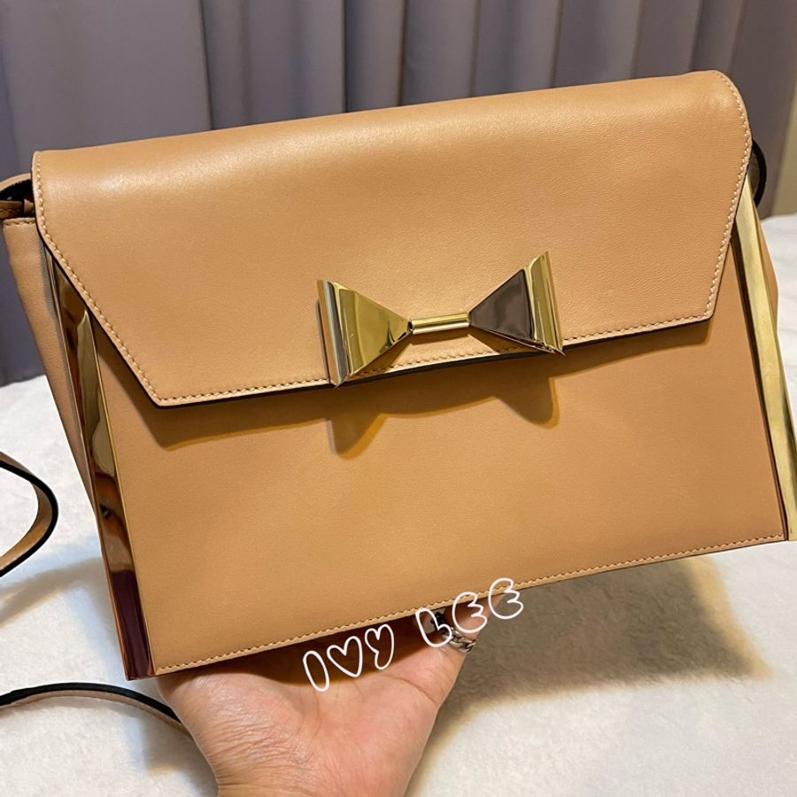 Chloe 粉膚桃色皮革 Rachel 金色 蝴蝶結 斜揹包 肩背包 二手精品-4