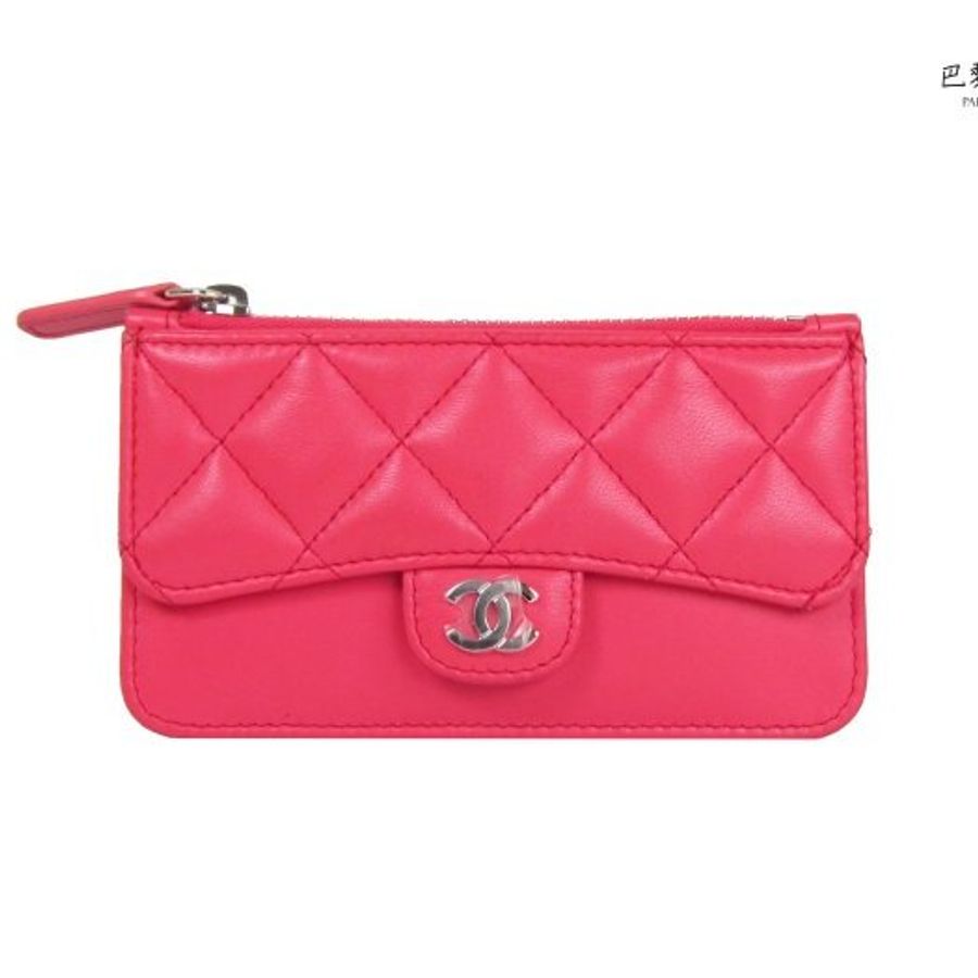 【巴黎站二手名牌專賣店】*現貨*CHANEL 香奈兒 真品*粉色菱格紋銀雙C卡片一字拉鍊零錢包-0