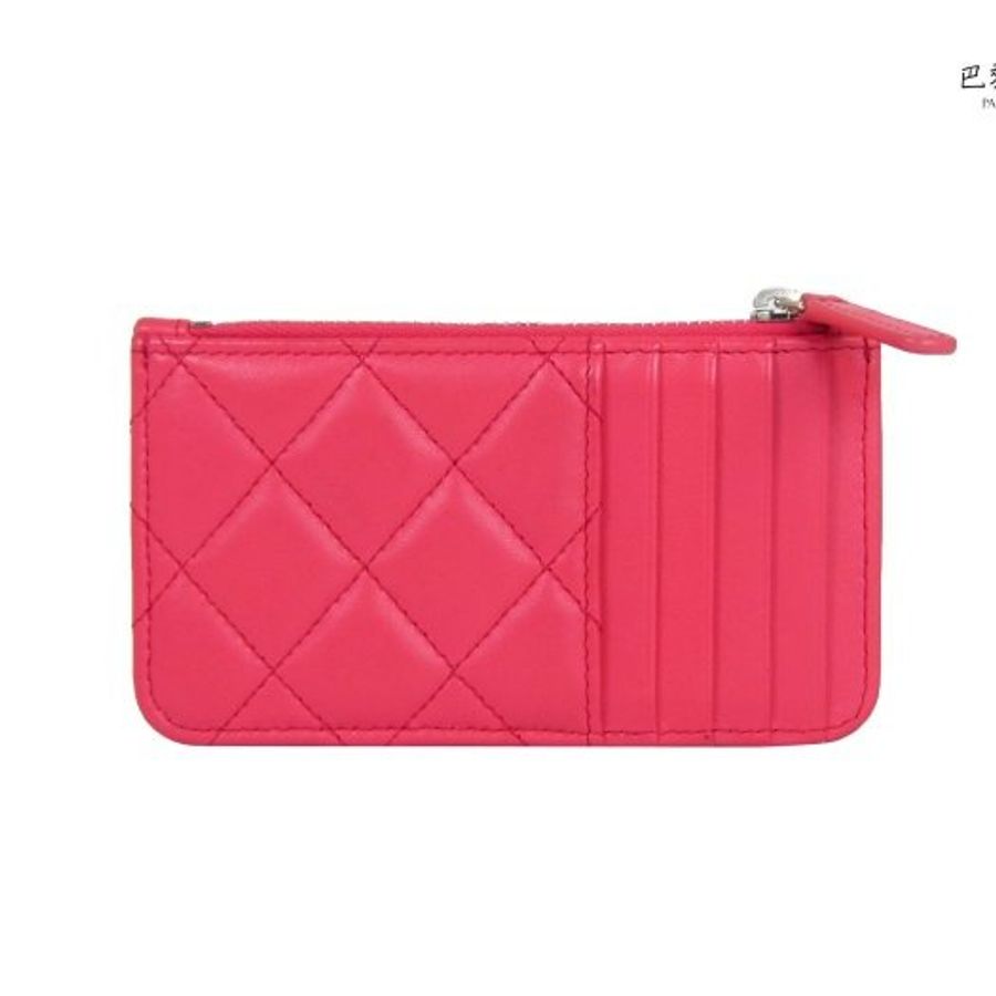 【巴黎站二手名牌專賣店】*現貨*CHANEL 香奈兒 真品*粉色菱格紋銀雙C卡片一字拉鍊零錢包-1