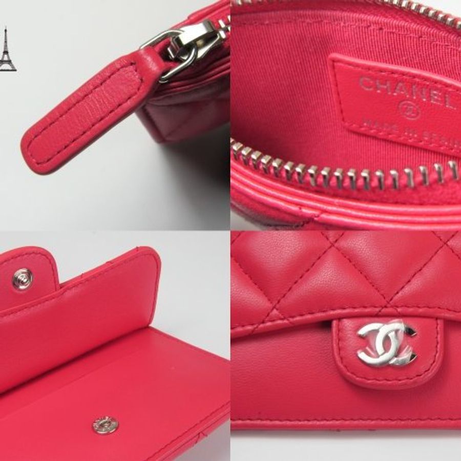 【巴黎站二手名牌專賣店】*現貨*CHANEL 香奈兒 真品*粉色菱格紋銀雙C卡片一字拉鍊零錢包-4