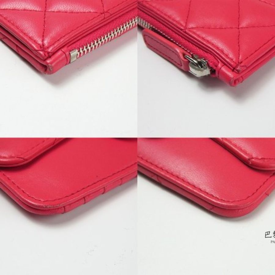 【巴黎站二手名牌專賣店】*現貨*CHANEL 香奈兒 真品*粉色菱格紋銀雙C卡片一字拉鍊零錢包-6