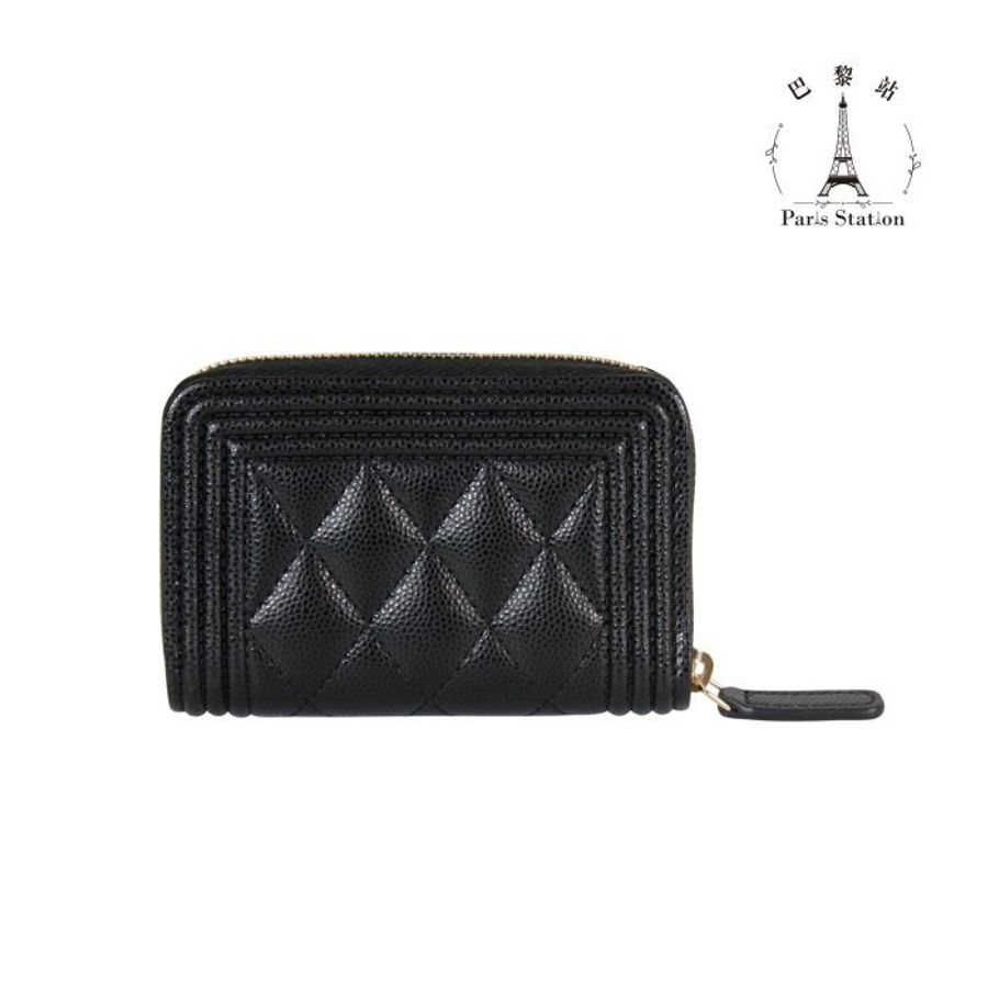 【巴黎站二手名牌專賣】＊全新現貨＊CHANEL 真品＊A80602 BOY系列黑荔枝牛皮復古金釦拉鍊零錢包-1