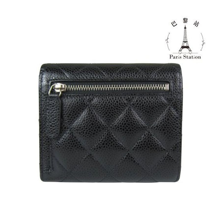 【巴黎站二手名牌專賣】*現貨*CHANEL 真品*黑色荔枝牛皮銀雙C釦式三折短夾-1