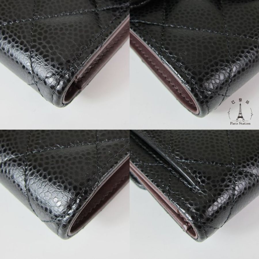【巴黎站二手名牌專賣】*現貨*CHANEL 真品*黑色荔枝牛皮銀雙C釦式三折短夾-4