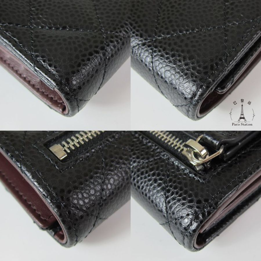 【巴黎站二手名牌專賣】*現貨*CHANEL 真品*黑色荔枝牛皮銀雙C釦式三折短夾-5
