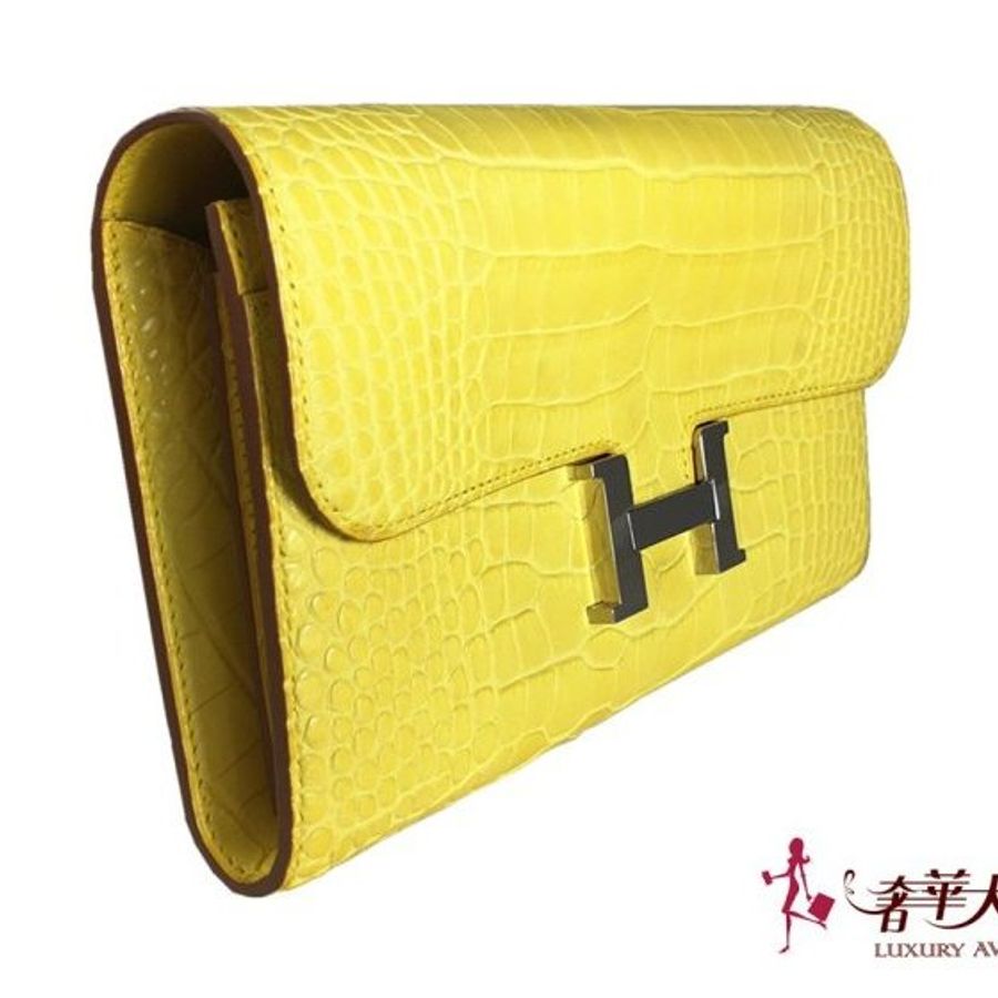 HERME'S 黃色鱷魚皮四方刻 CONSTANCE H扣長夾/手拿包-1