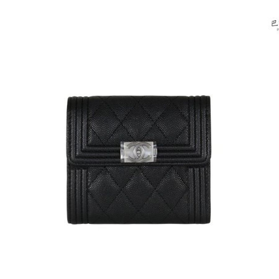 【巴黎站二手名牌專賣店】*全新現貨*CHANEL香奈兒真品*A80734經典BOY系列黑荔枝皮銀雙C釦式短夾-0
