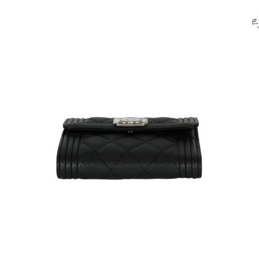 【巴黎站二手名牌專賣店】*全新現貨*CHANEL香奈兒真品*A80734經典BOY系列黑荔枝皮銀雙C釦式短夾-1