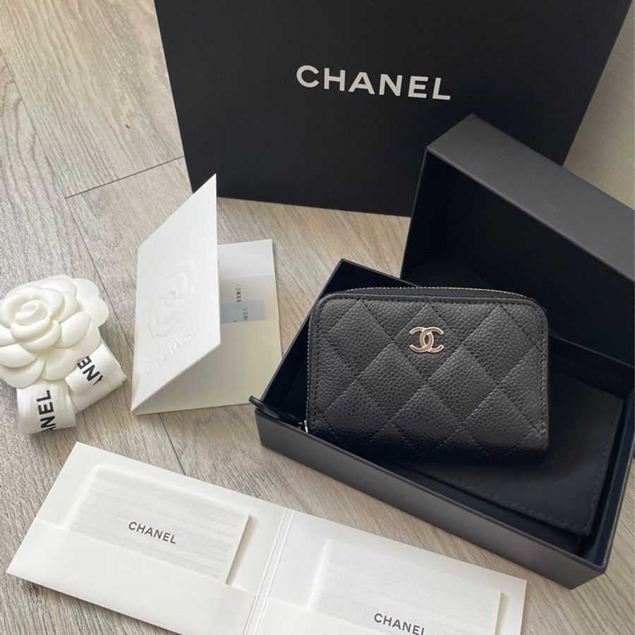 Chanel荔枝黑銀零錢包 卡包 全新全配-0