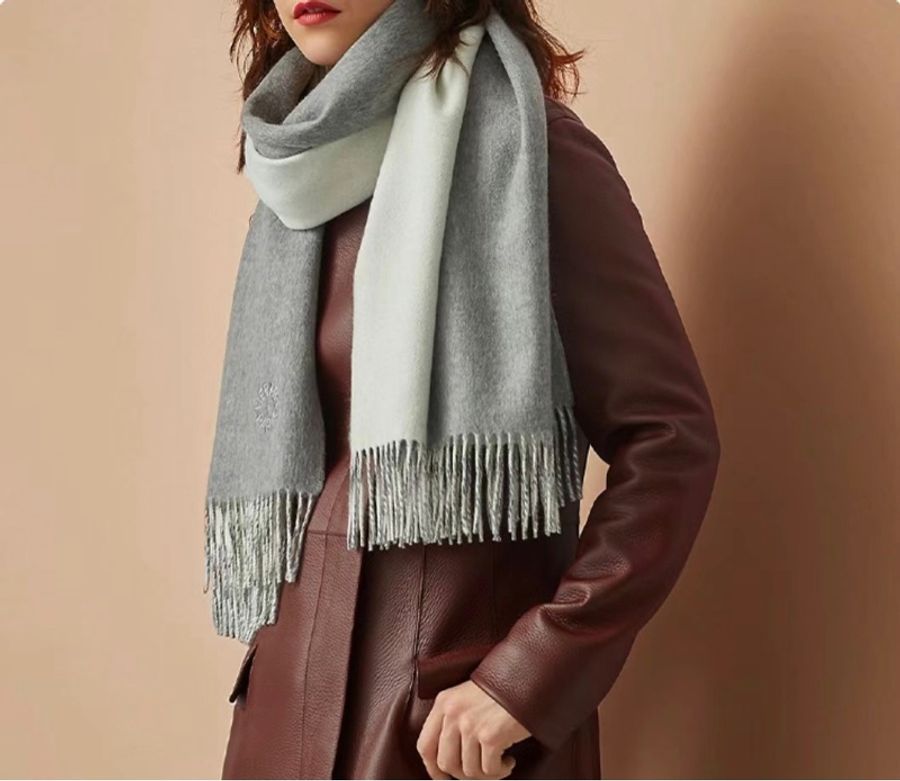 Hermes 100%雙面跳色 灰白色雙色純山羊絨圍巾/披肩 175cmx 70cm-0