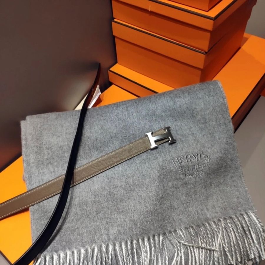 Hermes 100%雙面跳色 灰白色雙色純山羊絨圍巾/披肩 175cmx 70cm-5