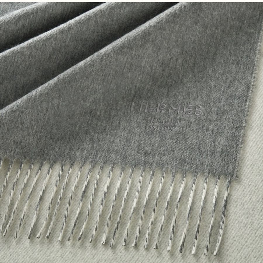Hermes 100%雙面跳色 灰白色雙色純山羊絨圍巾/披肩 175cmx 70cm-1
