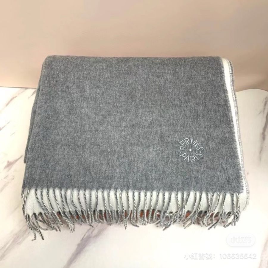 Hermes 100%雙面跳色 灰白色雙色純山羊絨圍巾/披肩 175cmx 70cm-4