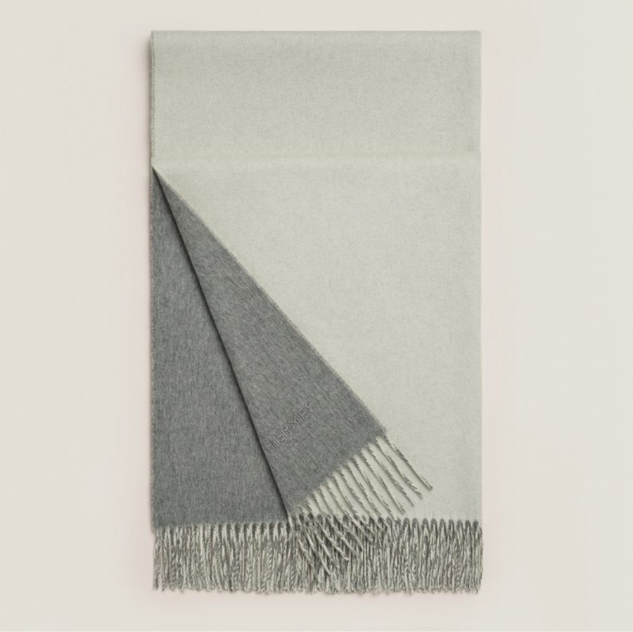 Hermes 100%雙面跳色 灰白色雙色純山羊絨圍巾/披肩 175cmx 70cm-6