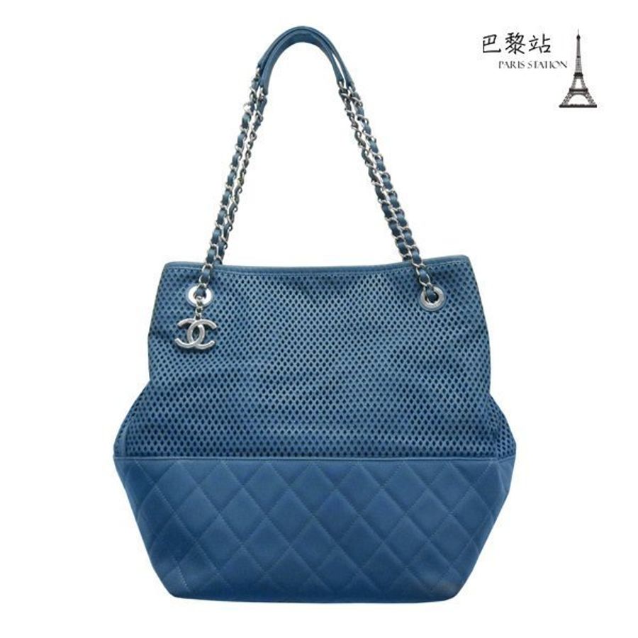 【巴黎站二手名牌專賣店】*CHANEL 香奈兒 真品* 藍色洞洞 牛皮購物包-0