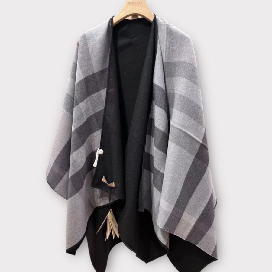 BURBERRY 經典格紋羊毛雙面大披肩 / 圍巾 / 斗篷 (黑)-0