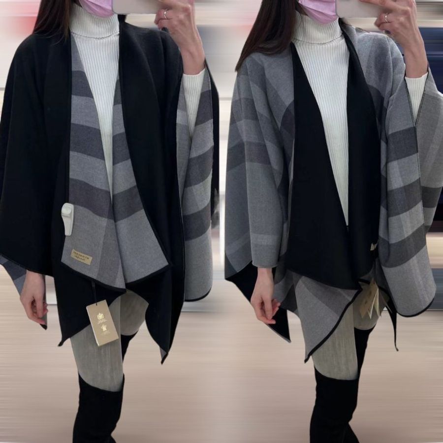 BURBERRY 經典格紋羊毛雙面大披肩 / 圍巾 / 斗篷 (黑)-3