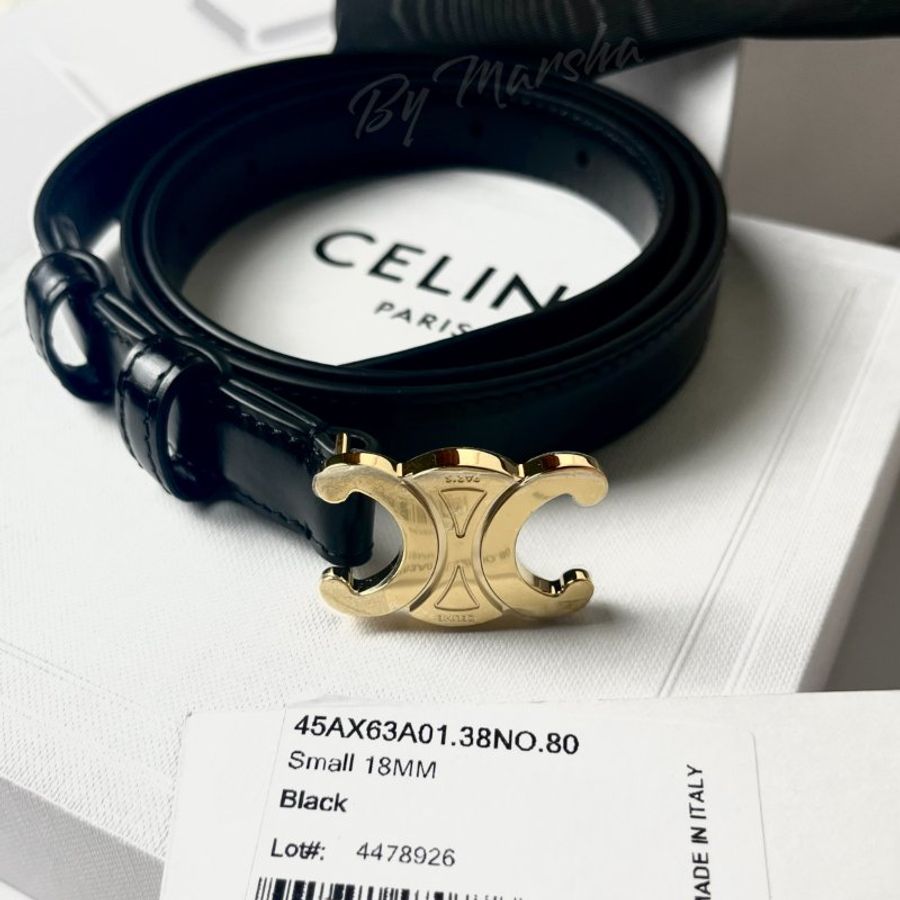CELINE SMALL TRIOMPHE 經典凱旋黑色金扣牛皮皮帶18MM(80CM)-0