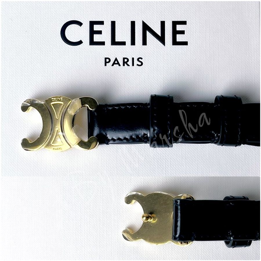 CELINE SMALL TRIOMPHE 經典凱旋黑色金扣牛皮皮帶18MM(80CM)-1