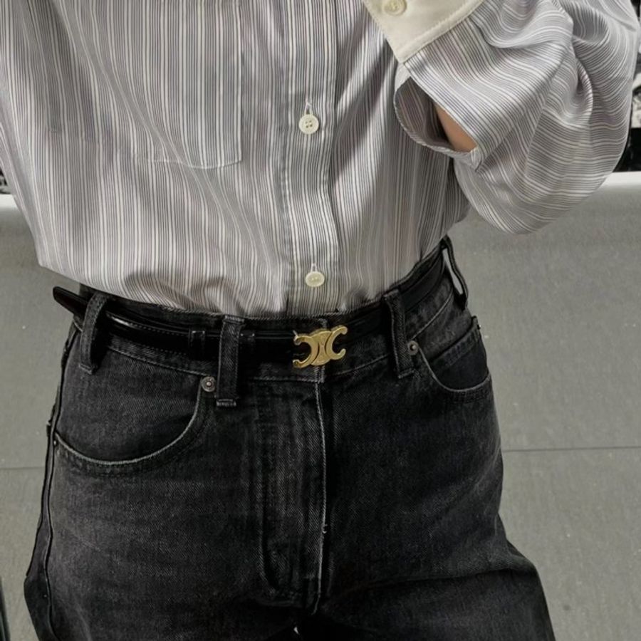 CELINE SMALL TRIOMPHE 經典凱旋黑色金扣牛皮皮帶18MM(80CM)-4