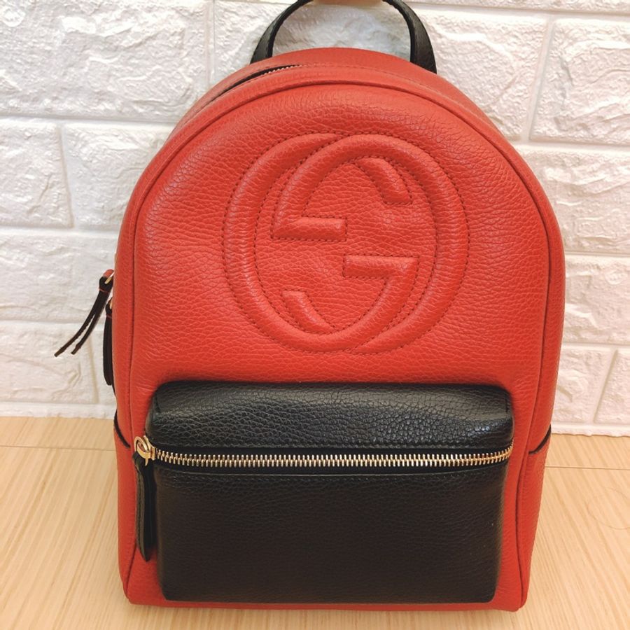 全配✨Gucci紅藍撞色雙Glogo金鍊牛皮後背包Soho Multicolor Leather Backpack-0