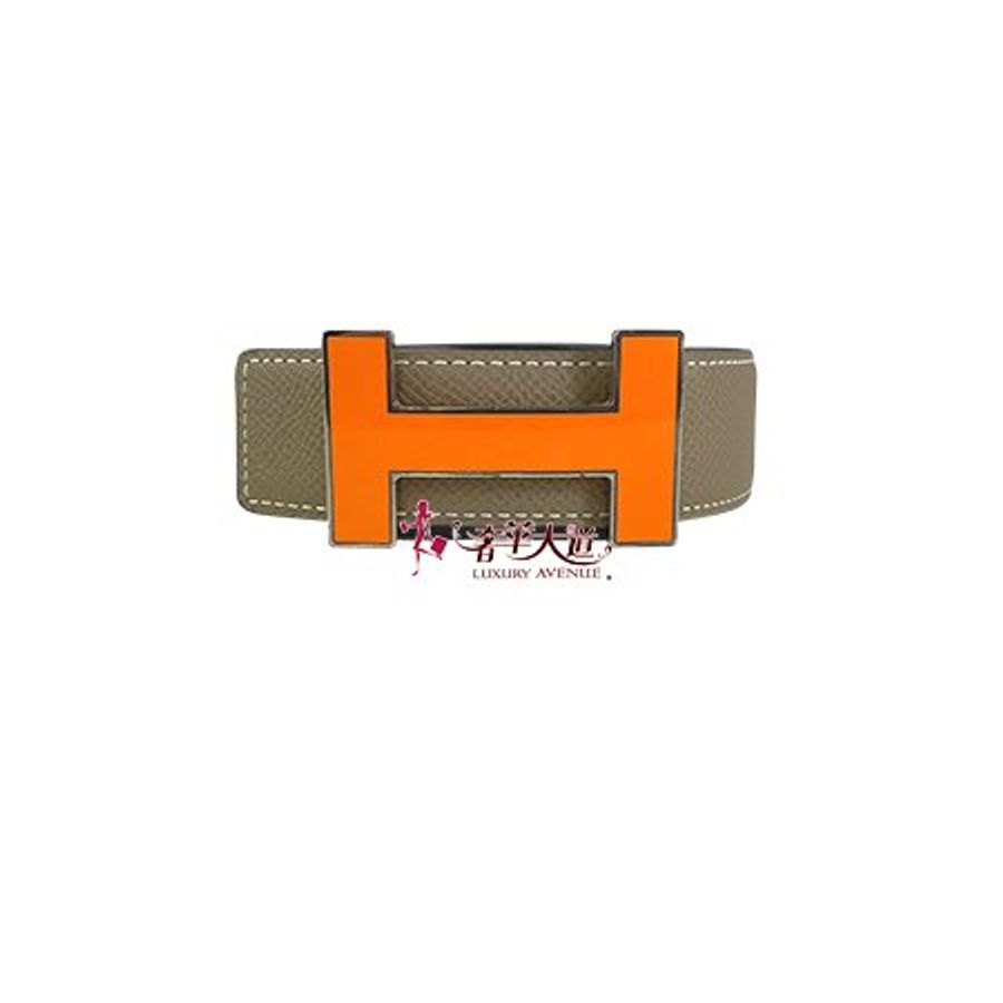 Hermès 橘色琺瑯LOGO灰褐/黑色雙色皮帶100CM-0