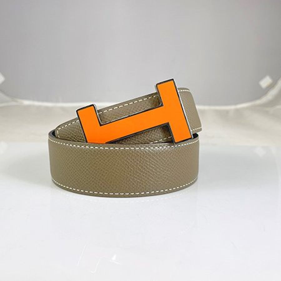 Hermès 橘色琺瑯LOGO灰褐/黑色雙色皮帶100CM-1