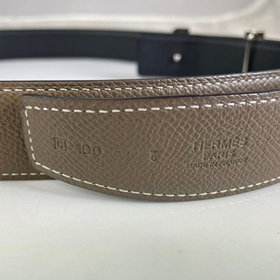 Hermès 橘色琺瑯LOGO灰褐/黑色雙色皮帶100CM-2