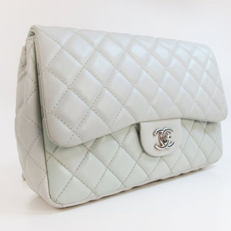 【巴黎站二手名牌專賣】*現貨*CHANEL 香奈兒 真品*冰河藍經典菱格紋牛皮雙C LOGO銀鍊肩背包-1