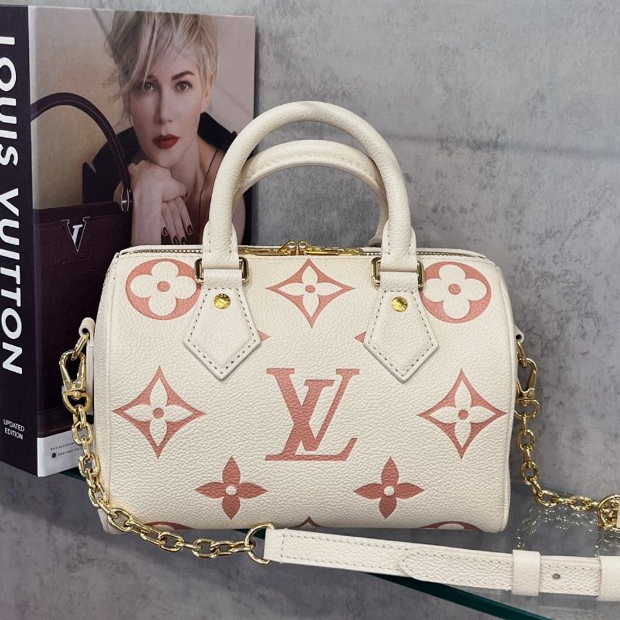 Louis Vuitton LV 晶片款奶油粉全皮大LOGO 20speedy 手提包/斜背包-0