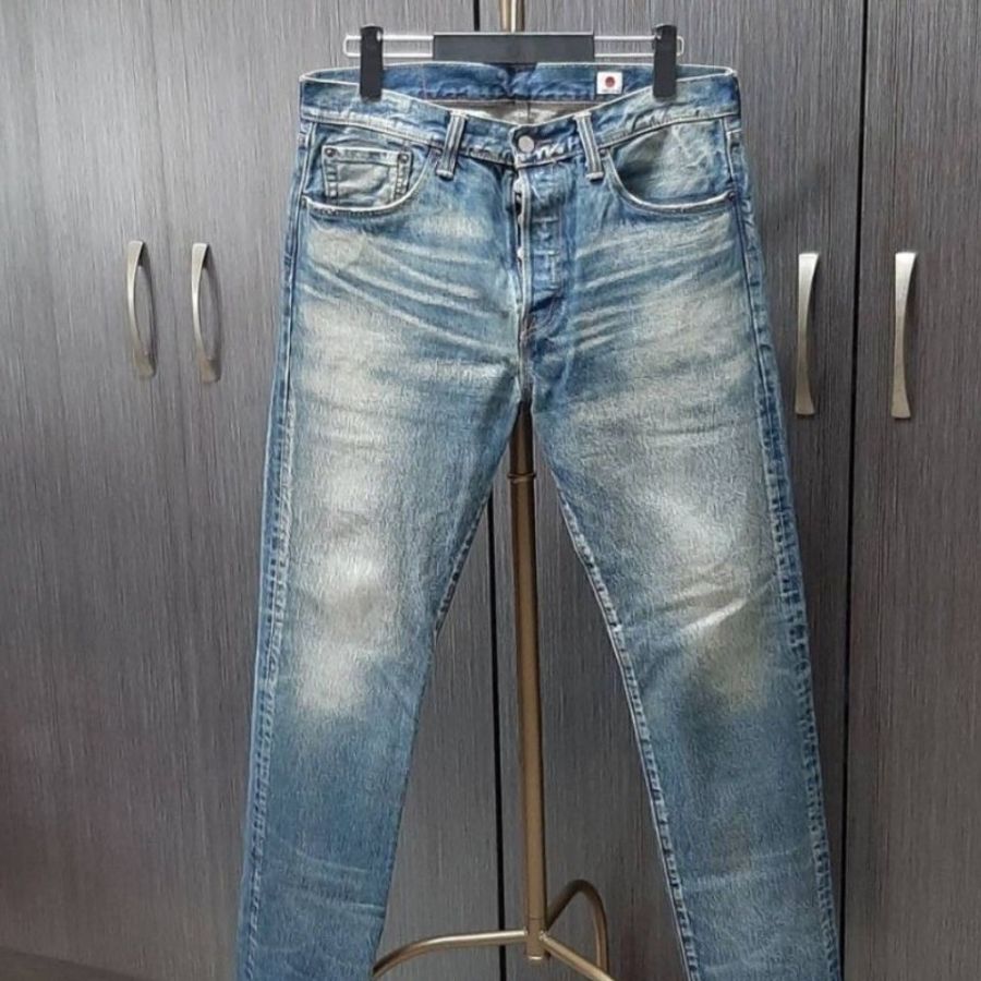 日本製(MIJ)-近新正品Levis501T taper經典排扣重磅彈性牛皮標小R水洗刷紋小破壞牛仔褲W33L32-0
