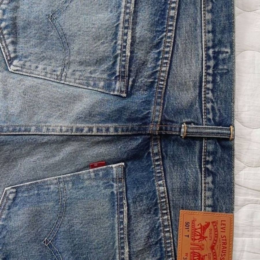 日本製(MIJ)-近新正品Levis501T taper經典排扣重磅彈性牛皮標小R水洗刷紋小破壞牛仔褲W33L32-3